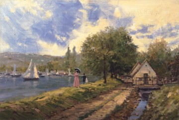 Thomas Kinkade Painting - Paseo junto al lago Thomas Kinkade